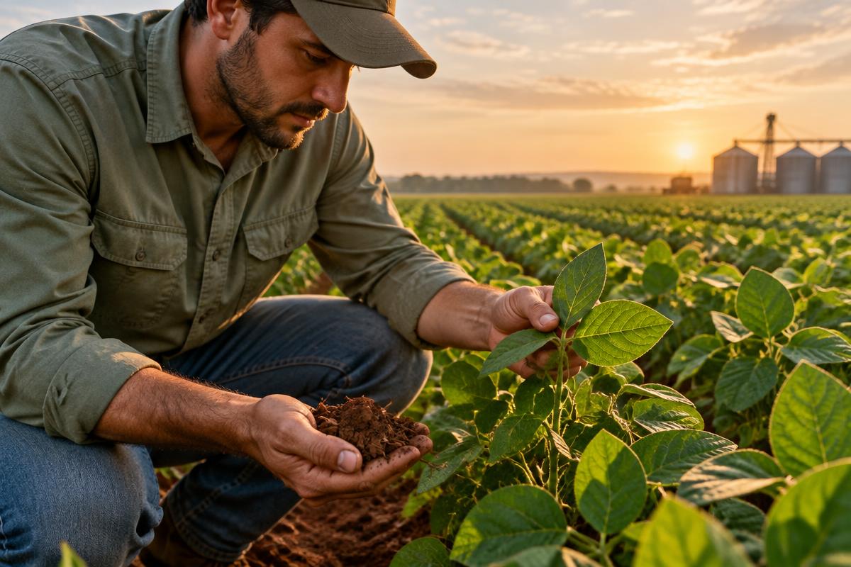 Profissional analisando condições de produção no campo