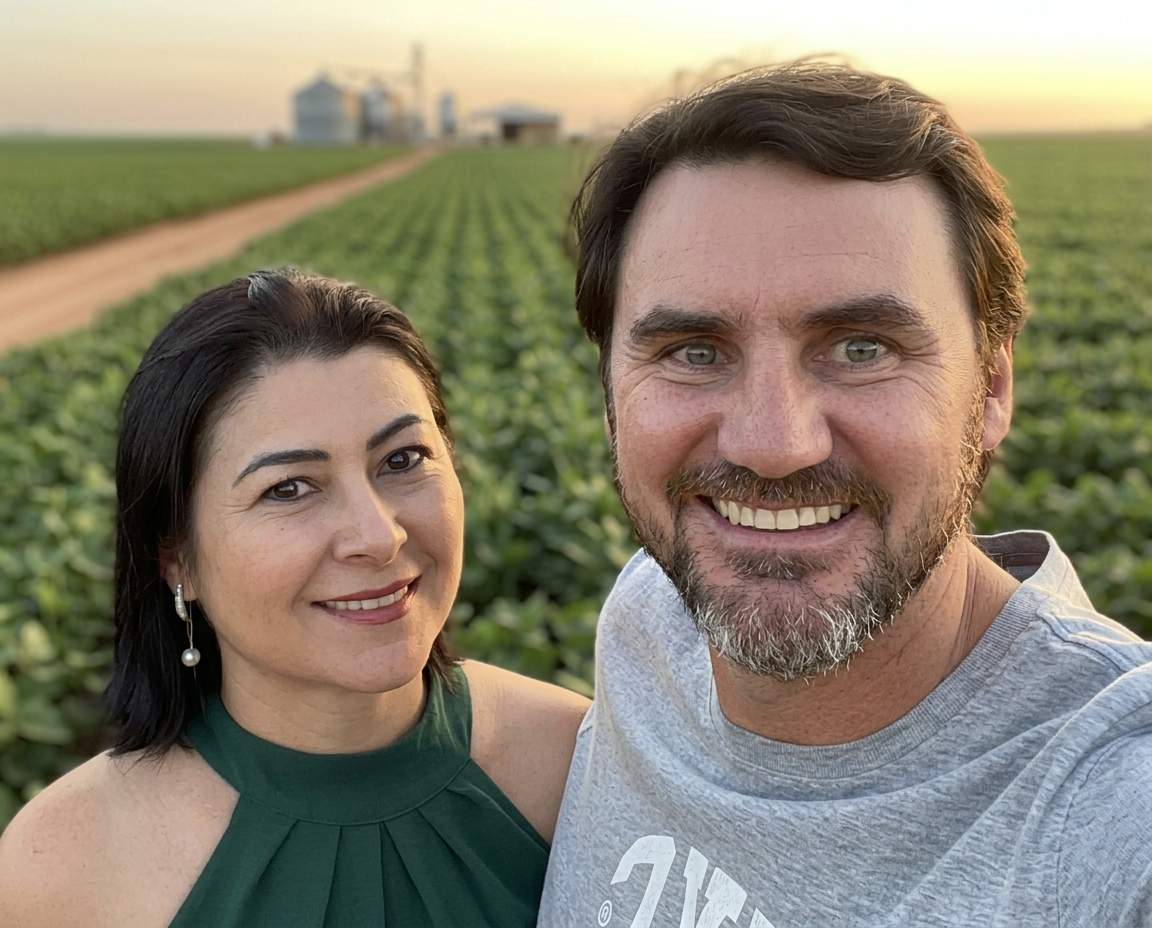 Nilseia e Leandro em uma lavoura ao entardecer