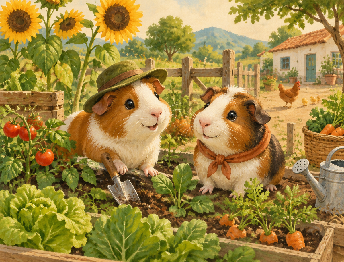 Dois porquinhos-da-índia cuidando de uma horta ilustrada